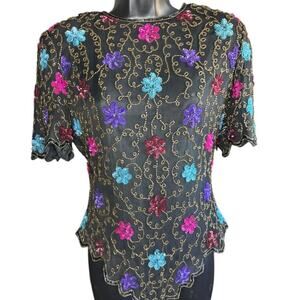 Laurence Kazar Vintage Beaded Silk Floral Elegant Blouse Size M